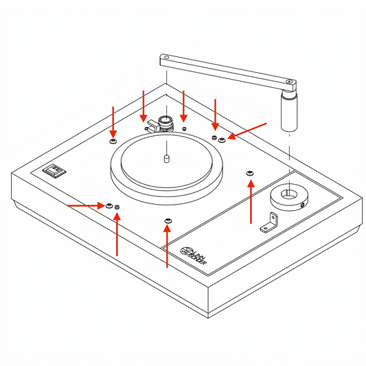 An isometric line drawing diagram of a turntable, presented in high-definition against a solid white background. The technical illustration depicts a Linn Sondek LP12 turntable plinth layout with clear black outlines. Several red arrows point directly to various small screws and adjustments on the top plate. An exploded-view armboard attachment is positioned above its mounting location on the right. A small metal bracket is visible on the lower-right section of the armboard area.