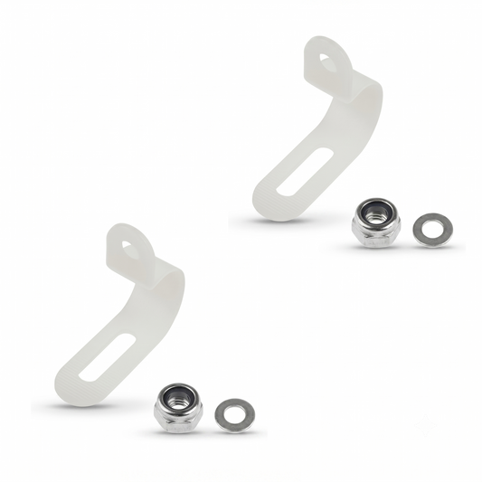 An overhead, studio-style shot displays two identical sets of mechanical hardware components arranged diagonally on a clean, solid white background. Each kit includes:

A white plastic P-clip with an elongated, slotted mounting hole on one end and a circular loop on the other.

A hexagonal metal lock nut featuring a dark nylon insert.

A flat, circular metal washer.

Both sets are positioned identically, with soft shadows cast beneath them to create a subtle sense of depth.