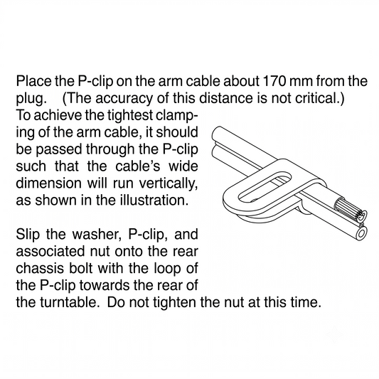 Technical diagram with text instructions on using a P-clip and washer for a turntable setup.