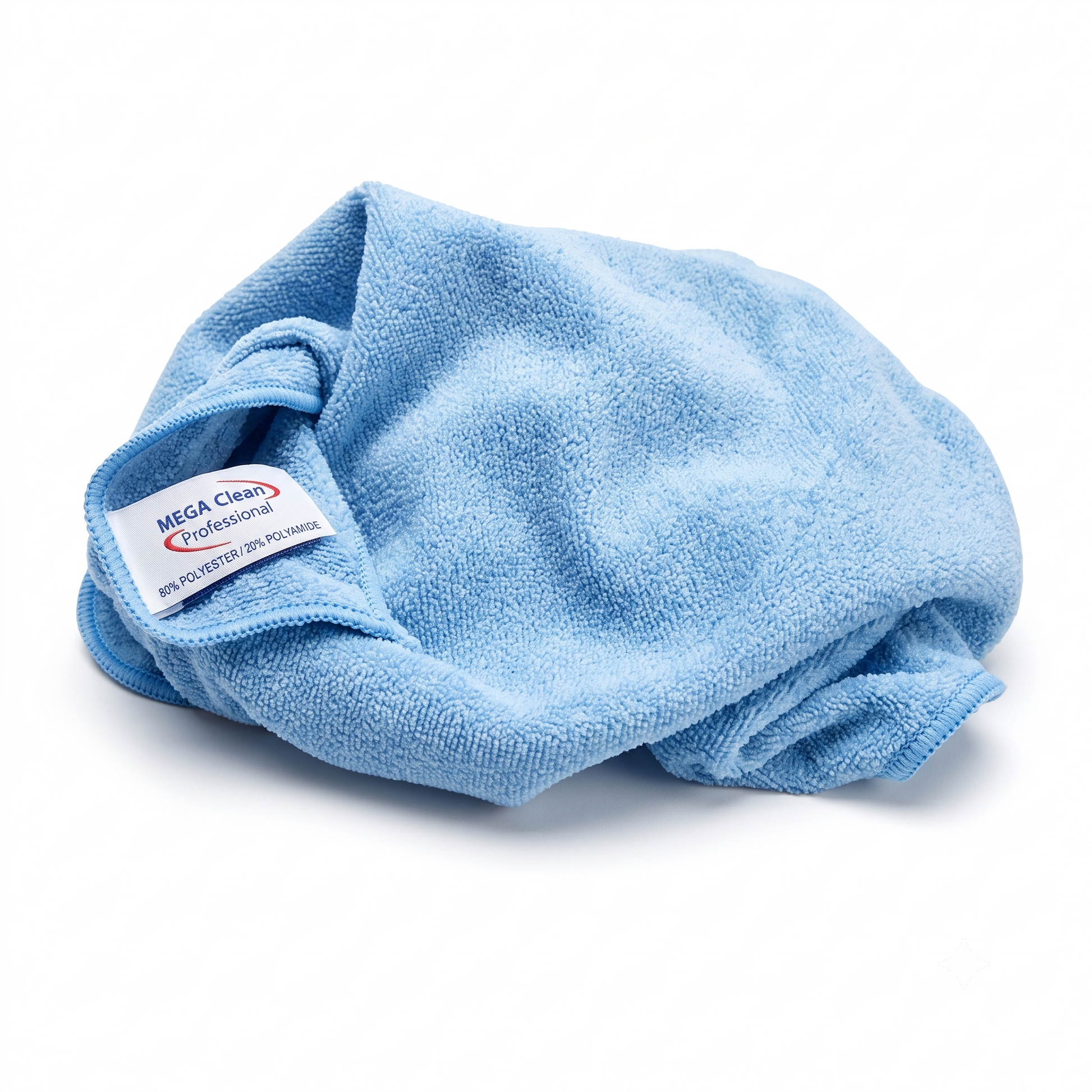 A light blue microfiber cleaning cloth folded on a white background, featuring a white brand label that reads 'MEGA Clean Professional'.