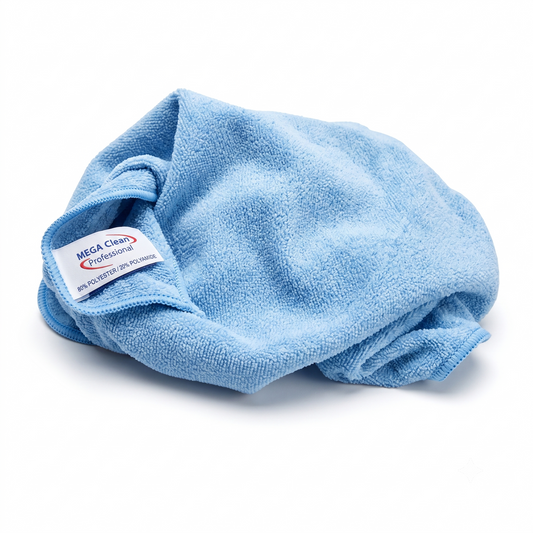 A light blue microfiber cleaning cloth folded on a white background, featuring a white brand label that reads 'MEGA Clean Professional'.