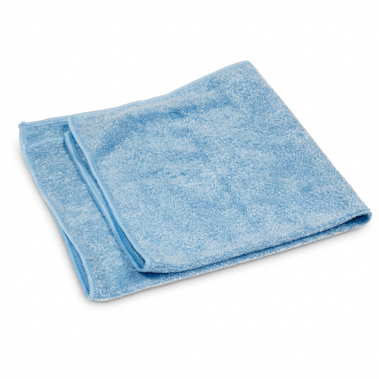A light blue microfiber cleaning cloth, folded neatly, shown on a plain white background.