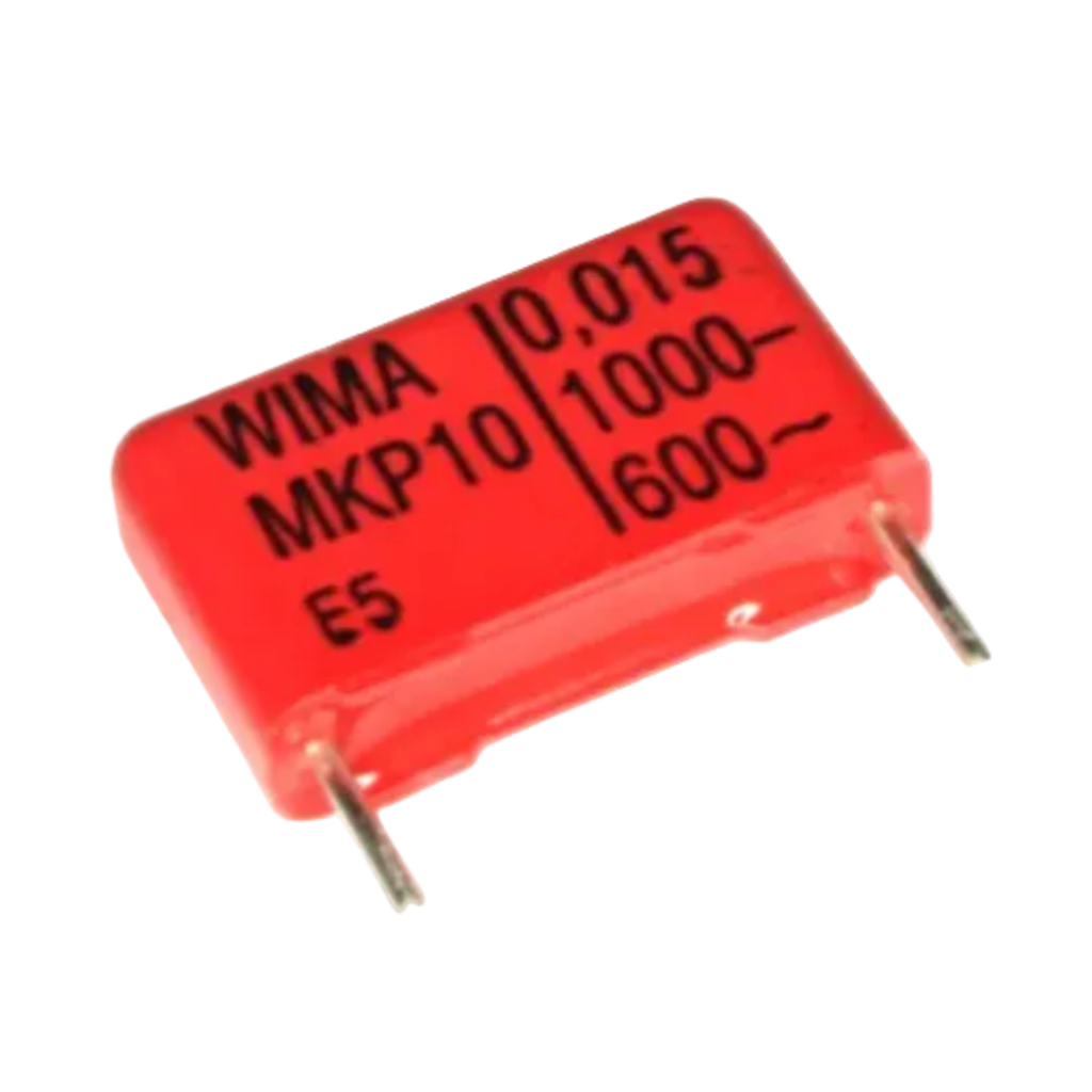 Red capacitor with WIMA branding and technical specifications on a white background