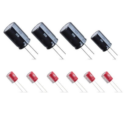 
A high-resolution product image featuring a set of 10 replacement electrolytic capacitors for audio equipment repair, arranged neatly against a clean white background. The collection includes:
Top Row: Four large black cylindrical capacitors with silver-toned tops and long metal lead wires. Bottom Row: Six smaller red and white capacitors, also featuring radial leads. 