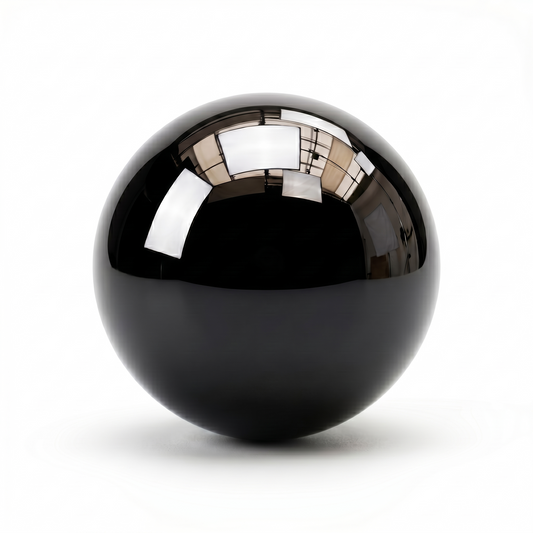 A glossy, highly reflective black ceramic ball bearing centered against a pure white background, showing a distorted reflection of an interior room on its upper surface.