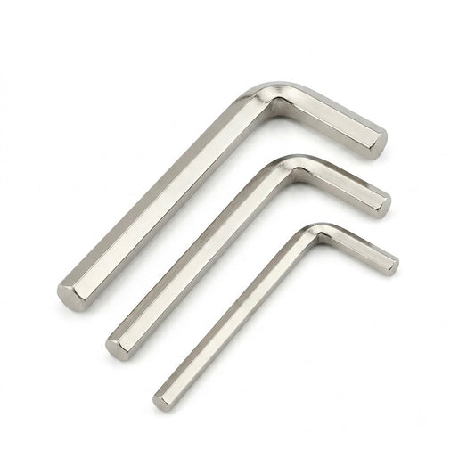hree silver-colored, metallic L-shaped hex keys (Allen wrenches) of decreasing sizes, arranged neatly in a parallel diagonal row against a plain white background. The tools have a polished finish with solid, flat-faceted hexagonal ends.