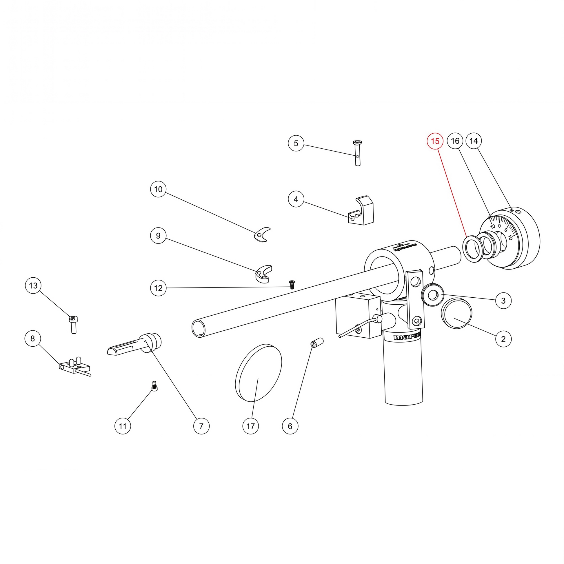 High-definition technical explosion diagram of a turntable tonearm assembly on a solid white background. Various components are numbered, featuring a prominent red line pointing to number 15, which highlights the O-ring seal placement inside the counterweight assembly.