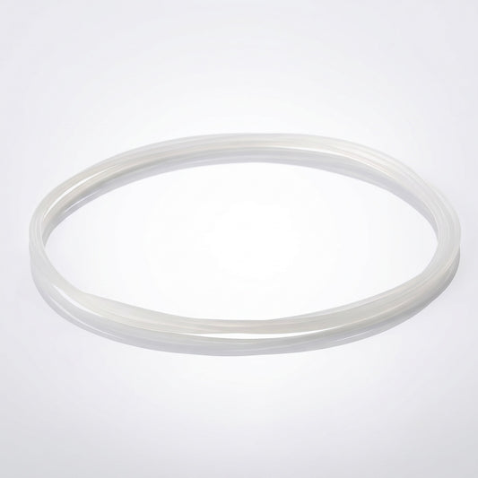A clear, frosted silicone drive belt for a turntable, looped in a loose circle and resting on a bright, seamless white background.