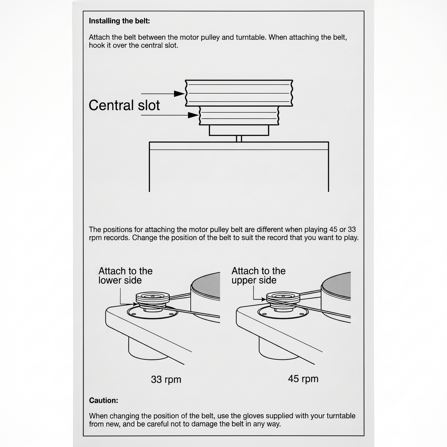 An instruction manual page titled "Installing the belt" that details how to attach a turntable drive belt to a motor pulley for 33 rpm and 45 rpm record playback speeds.