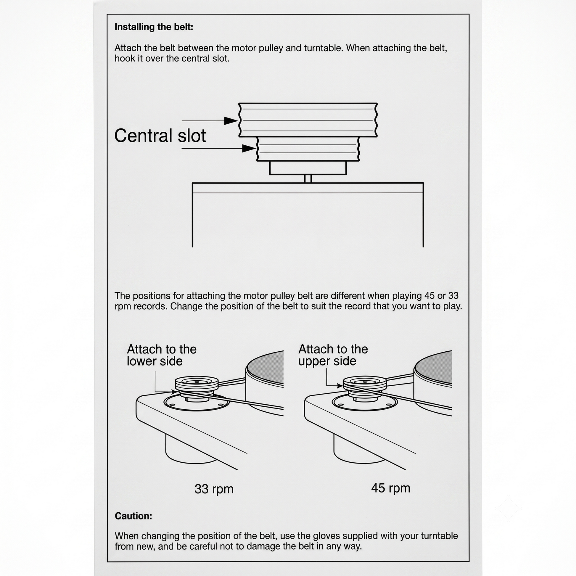 An instruction manual page titled "Installing the belt" that details how to attach a turntable drive belt to a motor pulley for 33 rpm and 45 rpm record playback speeds.