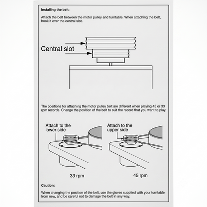 An instruction manual page titled "Installing the belt" that details how to attach a turntable drive belt to a motor pulley for 33 rpm and 45 rpm record playback speeds.