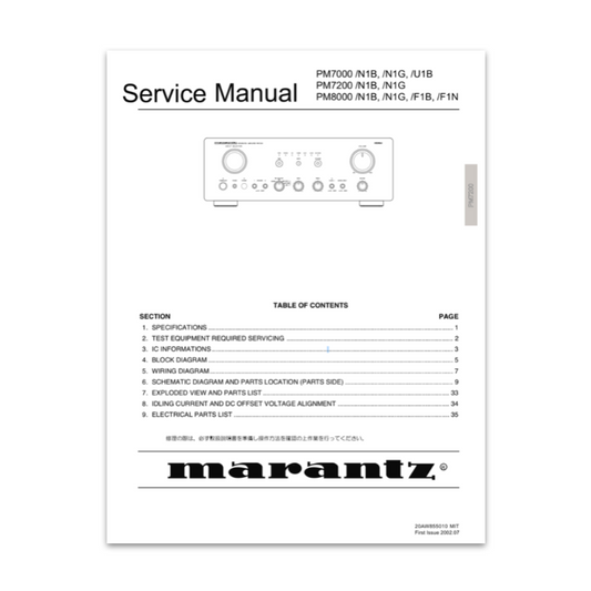 Marantz service manual cover with technical diagram and table of contents on a white background