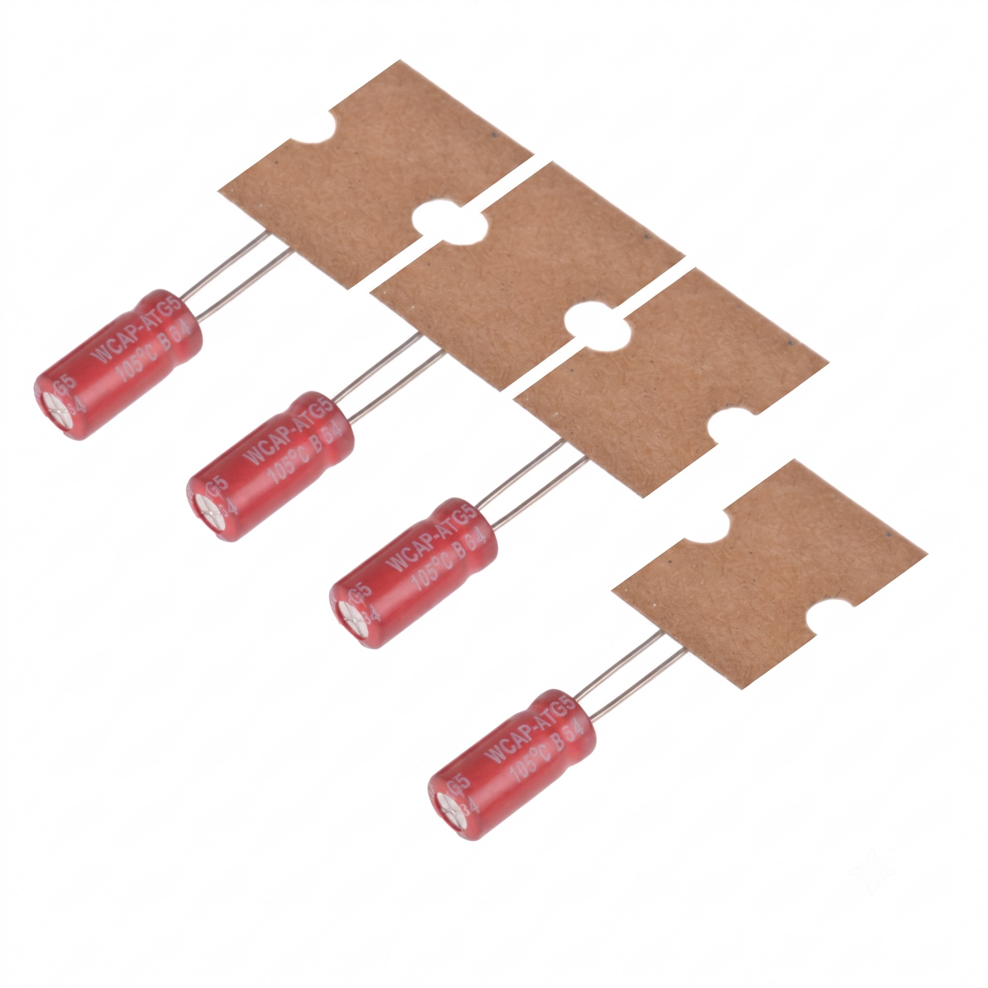 Four red cylindrical electrolytic capacitors with silver leads, each mounted on a brown cardboard carrier card, isolated on a white background.