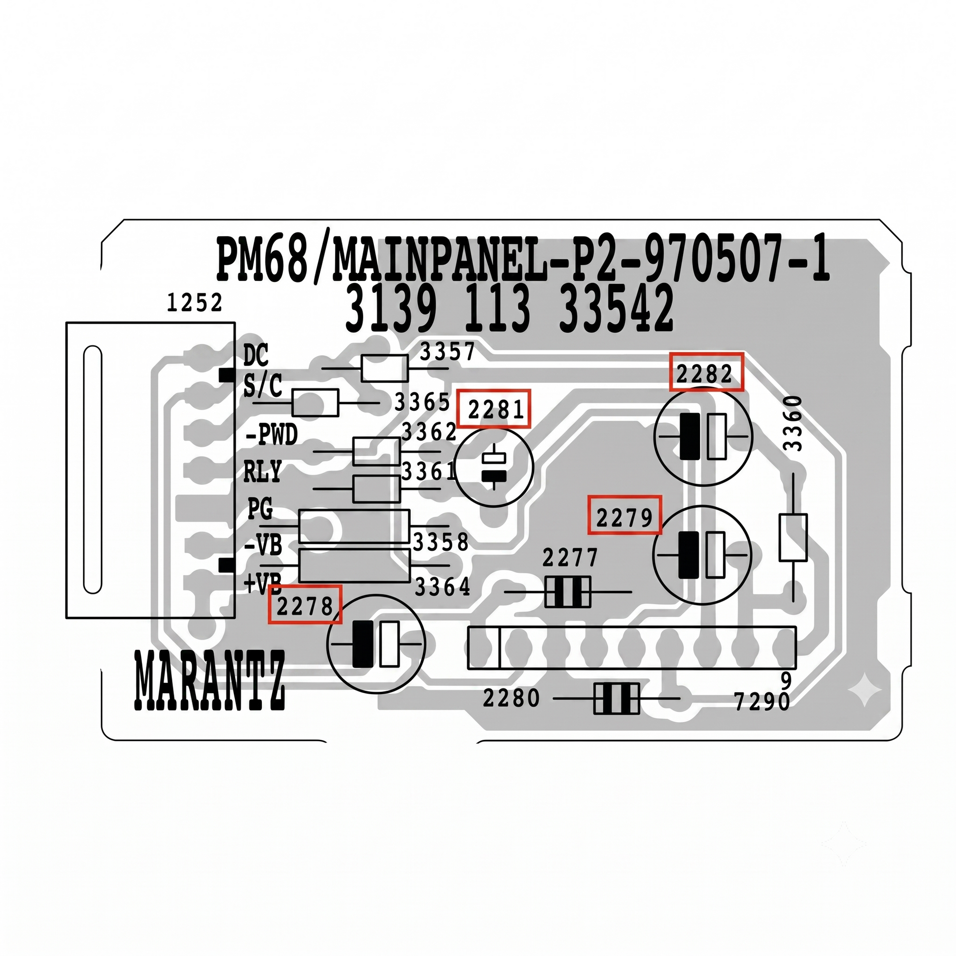 Technical schematic diagram of an electronic mainpanel module, featuring component labels, pin assignments, and part numbers on a white background.