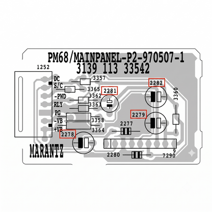 Technical schematic diagram of an electronic mainpanel module, featuring component labels, pin assignments, and part numbers on a white background.