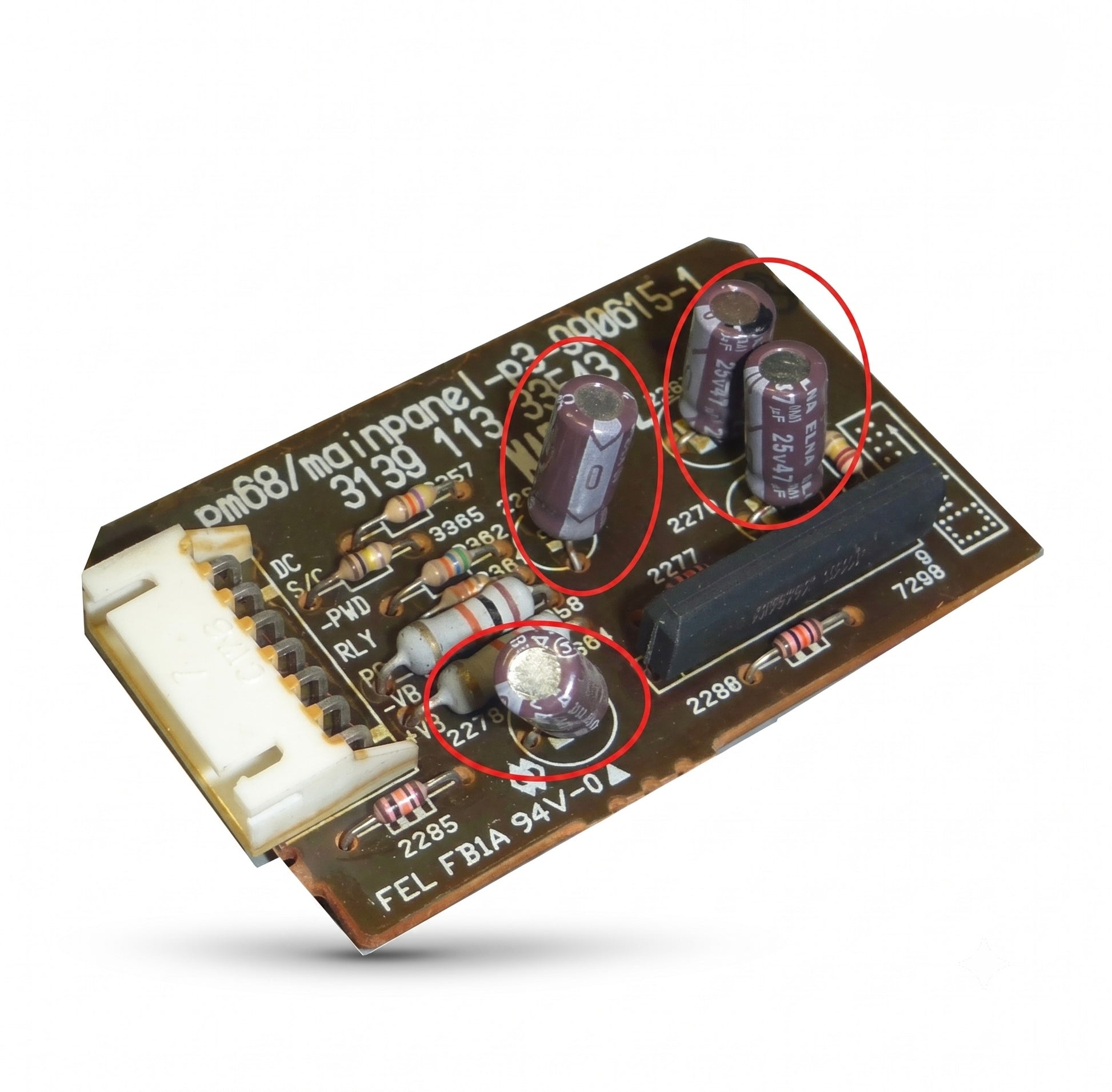 A small electronic circuit board module with several cylindrical capacitors highlighted by red circles, shown on a clean white background.