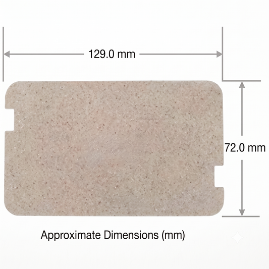 Miele microwave waveguide cover 6636830 dimension diagram showing a length of 129.0 mm and a width of 72.0 mm on a light grey mica replacement part.