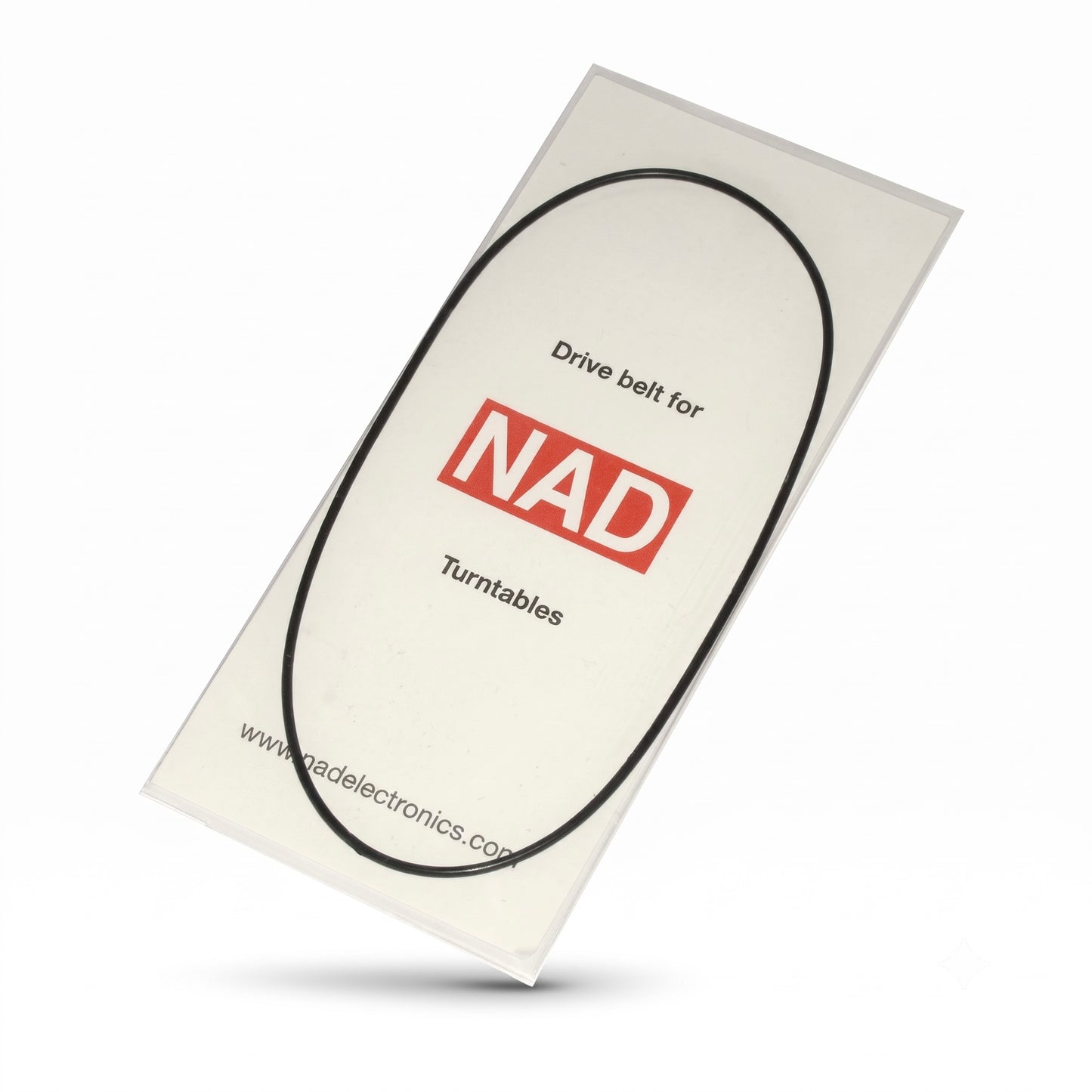 A drive belt for NAD turntables, shown on its white retail backing card. The belt itself is black, and the packaging features a white background with a black oval outline and a red 'NAD' logo.