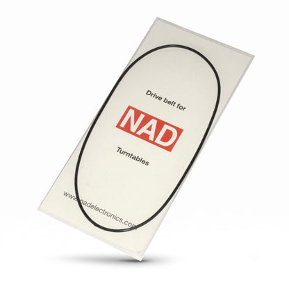 A drive belt for NAD turntables, shown on its white retail backing card. The belt itself is black, and the packaging features a white background with a black oval outline and a red 'NAD' logo.