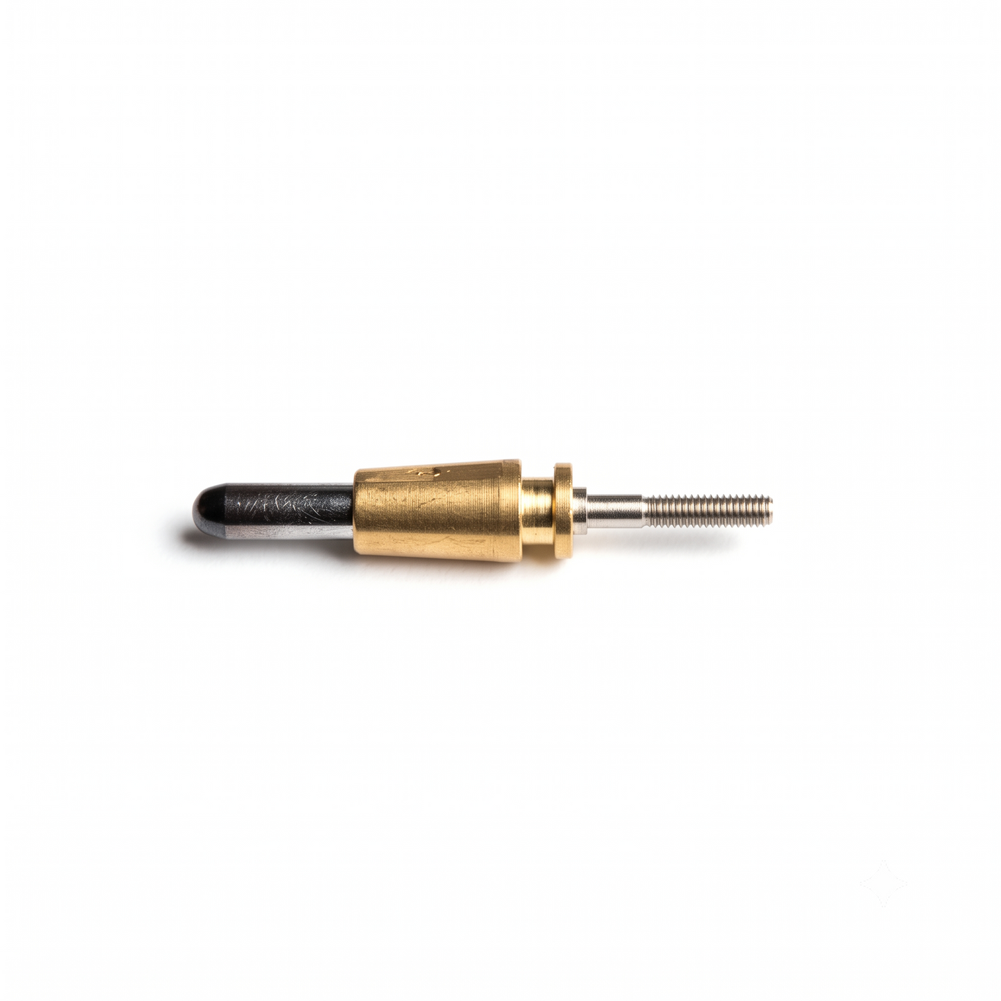 A high-resolution, centered photograph of a small mechanical spindle shaft, laid horizontally against a solid white background. The component consists of three distinct metallic sections: Left: A smooth, polished dark grey or coloured cylindrical pin with a rounded, bullet-shaped tip. Center: A larger, slightly tapered brass collar with a visible finely brushed texture and a small flanged ridge on its right side.Right: A slender, coloured steel shaft featuring a threaded screw end.