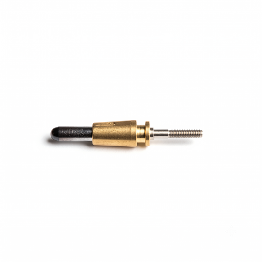 A high-resolution, centered photograph of a small mechanical spindle shaft, laid horizontally against a solid white background. The component consists of three distinct metallic sections: Left: A smooth, polished dark grey or coloured cylindrical pin with a rounded, bullet-shaped tip. Center: A larger, slightly tapered brass collar with a visible finely brushed texture and a small flanged ridge on its right side.Right: A slender, coloured steel shaft featuring a threaded screw end.