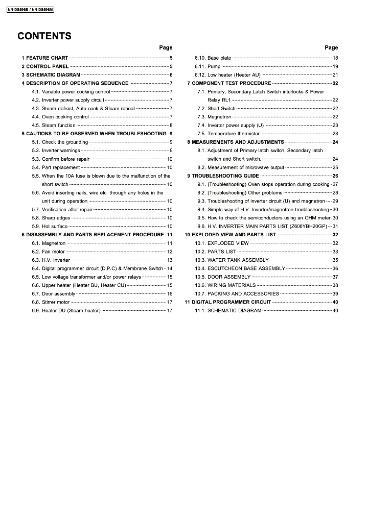 Panasonic NN-DS596B NN-DS596M Service Manual index