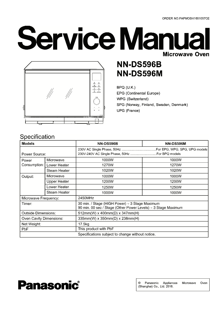 Panasonic NN-DS596B NN-DS596M Service Manual PDF Download