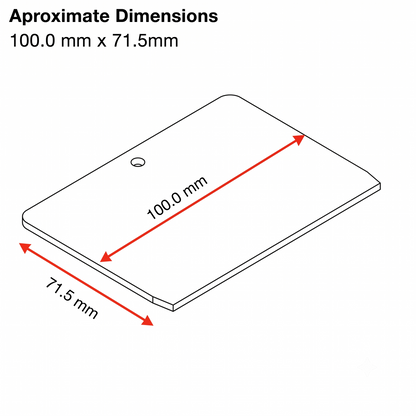 An image showing the approximate dimensions for a product. A line drawing of a rounded rectangle with one corner having a small circle is displayed. Two red arrows with double-ended points indicate the measurements: one for the length is labeled '100.0 mm', and the other for the width is labeled '71.5 mm'. The text at the top of the image explicitly states 'Aproximate Dimensions 100.0 mm x 71.5mm'.