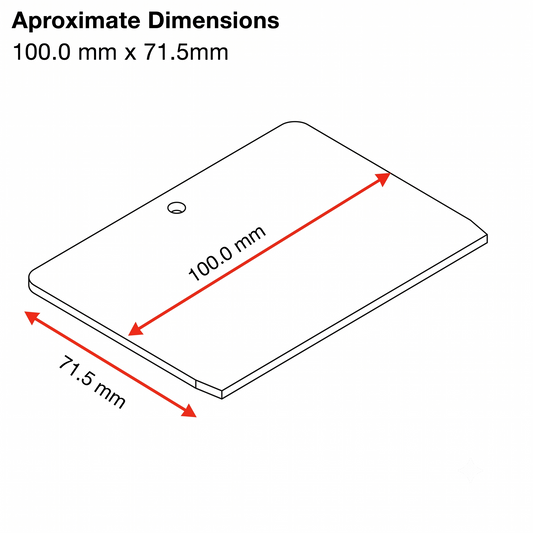 An image showing the approximate dimensions for a product. A line drawing of a rounded rectangle with one corner having a small circle is displayed. Two red arrows with double-ended points indicate the measurements: one for the length is labeled '100.0 mm', and the other for the width is labeled '71.5 mm'. The text at the top of the image explicitly states 'Aproximate Dimensions 100.0 mm x 71.5mm'.
