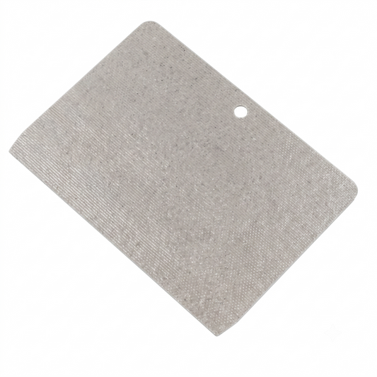 A top-down view of a rectangular, textured grey microwave waveguide cover plate with a single pre-drilled hole, isolated against a plain white background.