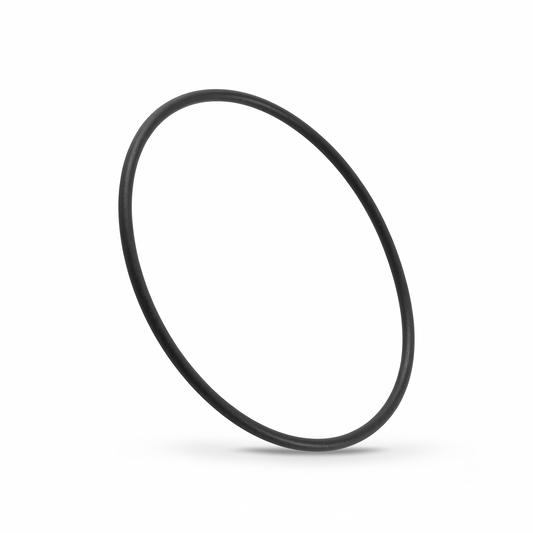 A studio photograph of a matte black rubber capstan belt, isolated against a solid white background.

The belt is perfectly circular with a round cross-section, similar to an O-ring. It is positioned at an angle, standing upright on its edge to create a three-dimensional perspective. The lighting is bright and clean, casting a soft, subtle shadow directly beneath the bottom edge where it meets the surface.