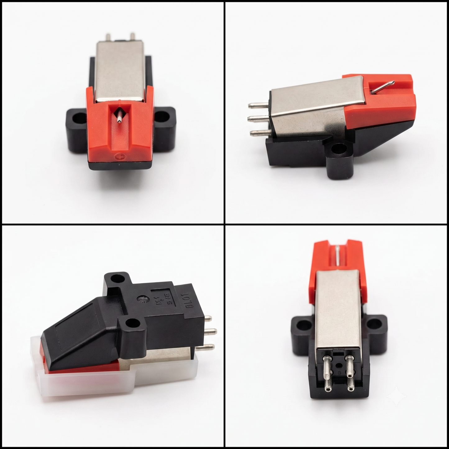 Four product photographs in a two-by-two grid with black borders present a phono cartridge for a turntable. The cartridge has a metal body with a black base and a red tip. One image shows the front of the cartridge with the cantilever and stylus protruding. A profile image displays three terminal pins in the rear, and a fourth image of the rear has all four pins visible. The final image of the side has the metal body and black base covered by a transparent white plastic protector. The markings “SLT” and “BL