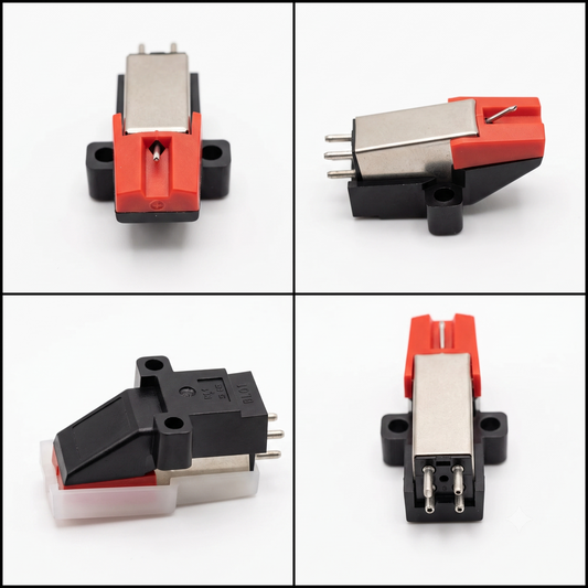 Four product photographs in a two-by-two grid with black borders present a phono cartridge for a turntable. The cartridge has a metal body with a black base and a red tip. One image shows the front of the cartridge with the cantilever and stylus protruding. A profile image displays three terminal pins in the rear, and a fourth image of the rear has all four pins visible. The final image of the side has the metal body and black base covered by a transparent white plastic protector. The markings “SLT” and “BL