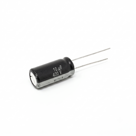An aluminum electrolytic capacitor with a black sleeve and silver markings, labeled "10 µF" and "400 V". It has two long, straight metal wire leads extending from its base. The component is angled diagonally on a plain white background with soft, natural shadows cast underneath.