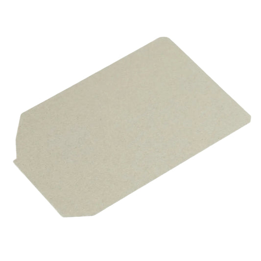 A close-up photograph of a light grey waveguide cover, commonly referred to as a mica plate or mica sheet for a microwave oven. The thin, rigid, fibrous-textured plate is cut in a specific irregular, geometric shape, with most corners rounded and one end having a tab-like extension and several angled cuts. It lies flat on a plain white surface. The texture is rough and slightly sparkly.