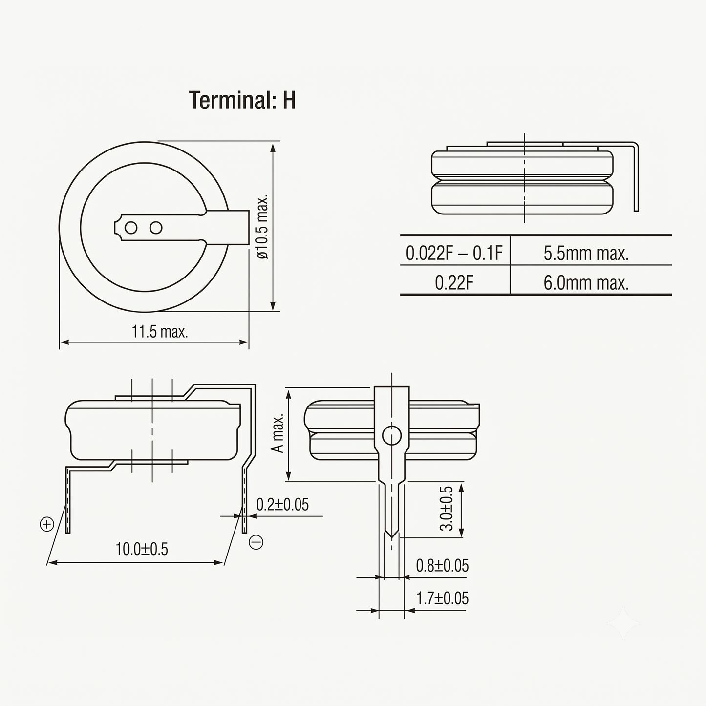 A technical engineering diagram detailing the dimensional specifications for a Panasonic H-type terminal super capacitor. The schematic includes a top-down view, a side profile, and a front-facing cross-sectional view with exact measurements in millimeters.