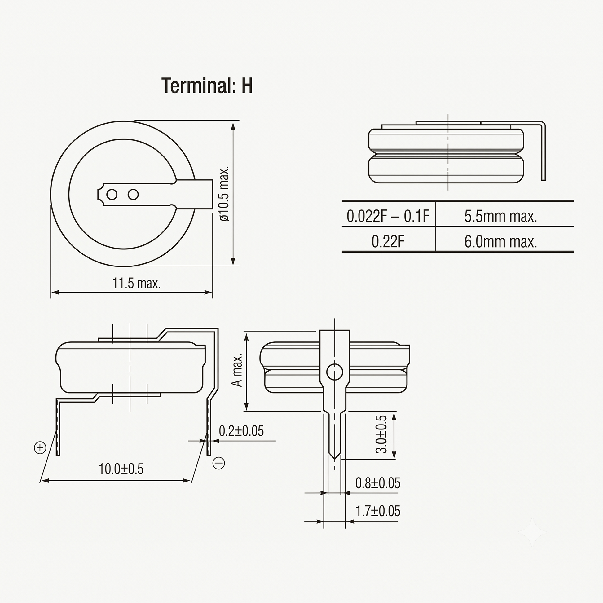 A technical engineering diagram detailing the dimensional specifications for a Panasonic H-type terminal super capacitor. The schematic includes a top-down view, a side profile, and a front-facing cross-sectional view with exact measurements in millimeters.