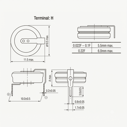 A technical engineering diagram detailing the dimensional specifications for a Panasonic H-type terminal super capacitor. The schematic includes a top-down view, a side profile, and a front-facing cross-sectional view with exact measurements in millimeters.
