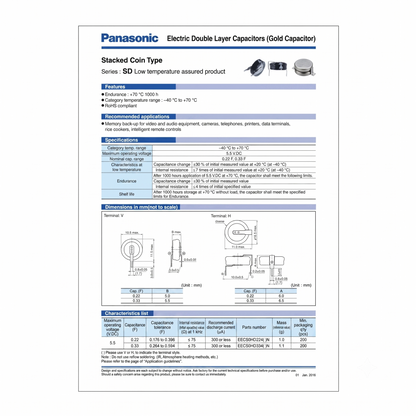 A high-definition technical datasheet from Panasonic for their "Stacked Coin Type" Electric Double Layer Capacitors (Gold Capacitor), specifically the SD Series low temperature assured product.