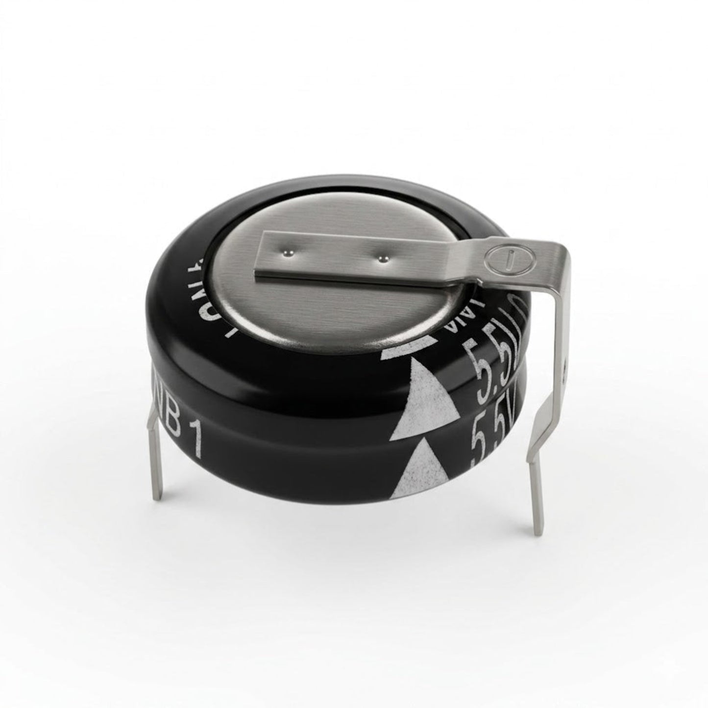 A studio product shot of a Panasonic horizontal SD series super capacitor against a plain white background. The coin-cell type electronic component has a black cylindrical body with a metallic top surface. A bent metal terminal is spot-welded across the top and extends downward on the right side, while another terminal pins downward on the left for through-hole mounting. White markings on the black casing indicate technical specifications, including "5.5V" and white arrow symbols.