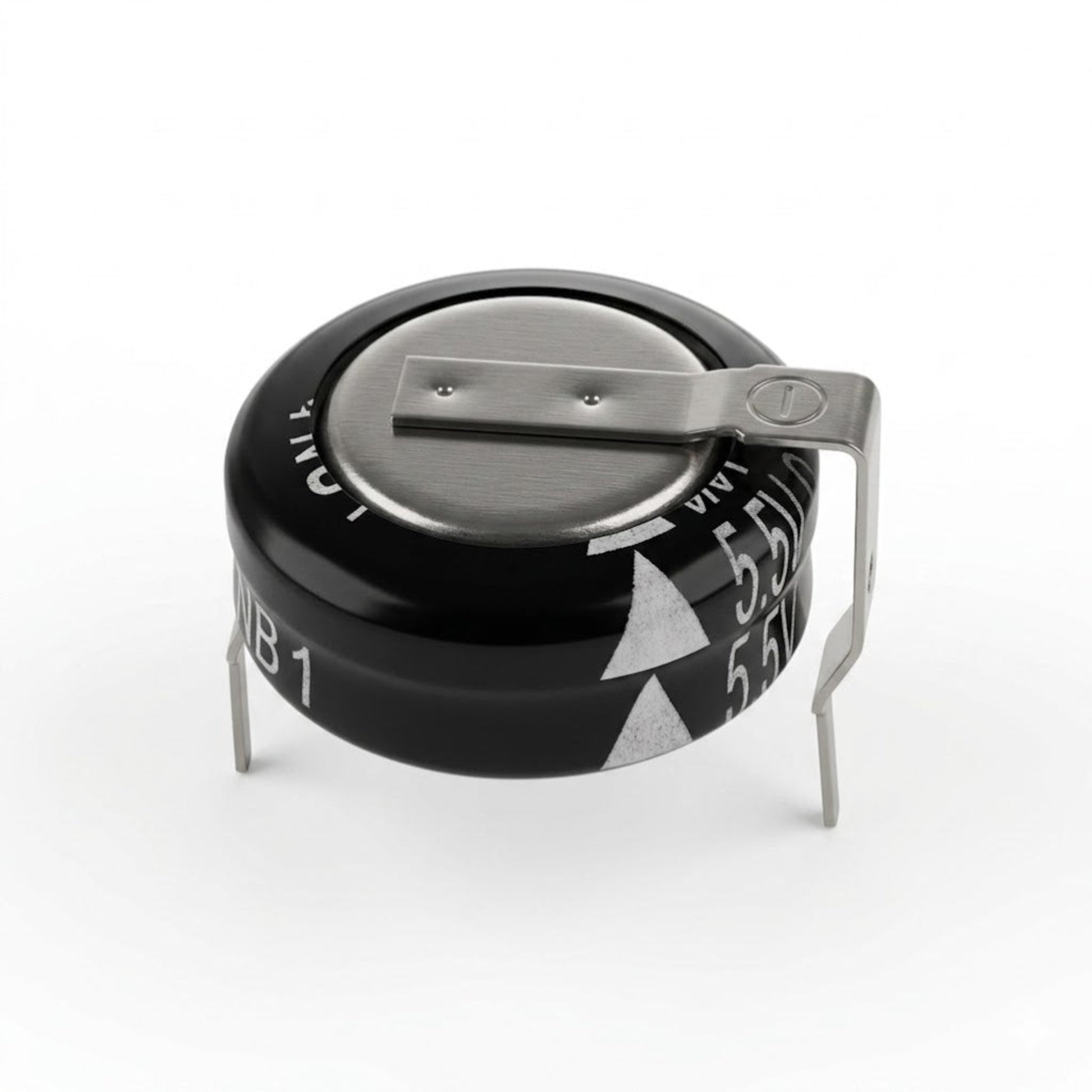 A studio product shot of a Panasonic horizontal SD series super capacitor against a plain white background. The coin-cell type electronic component has a black cylindrical body with a metallic top surface. A bent metal terminal is spot-welded across the top and extends downward on the right side, while another terminal pins downward on the left for through-hole mounting. White markings on the black casing indicate technical specifications, including "5.5V" and white arrow symbols.