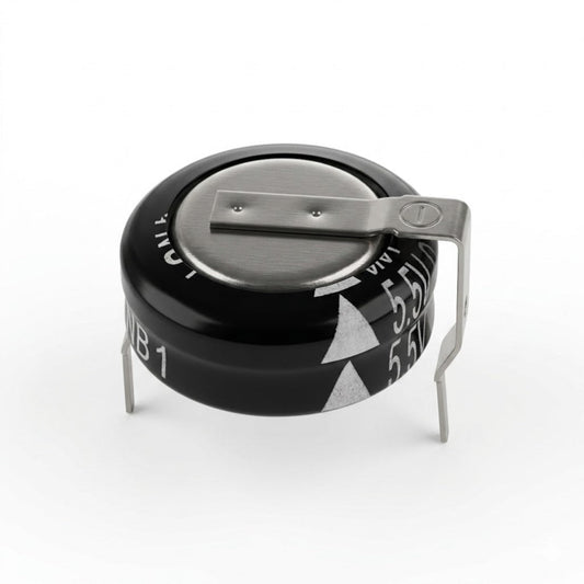 A studio product shot of a Panasonic horizontal SD series super capacitor against a plain white background. The coin-cell type electronic component has a black cylindrical body with a metallic top surface. A bent metal terminal is spot-welded across the top and extends downward on the right side, while another terminal pins downward on the left for through-hole mounting. White markings on the black casing indicate technical specifications, including "5.5V" and white arrow symbols.