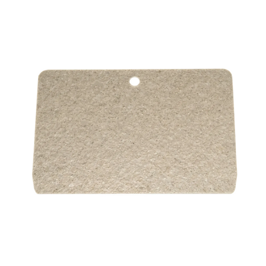 A centered, high-definition product studio photograph of a rectangular grey/tan mica waveguide cover (Panasonic part) featuring a textured surface and a single small circular mounting hole near the top edge, set against a clean, seamless solid white background.
