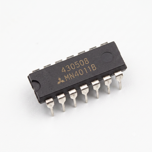 A black plastic dual in-line package (DIP) electronic integrated circuit chip with silver metal pins, featuring gold printed text '430508 MN4011B' and a Mitsubishi logo on a clean white background.
