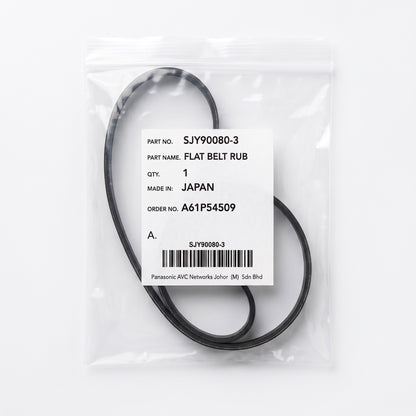 A black flat belt rubber replacement part inside a clear plastic bag with a white label showing the part number SJY90080-3 and Panasonic branding.