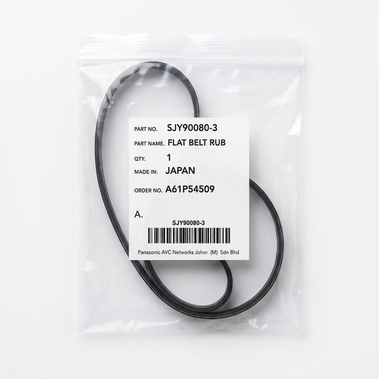 A black flat belt rubber replacement part inside a clear plastic bag with a white label showing the part number SJY90080-3 and Panasonic branding.