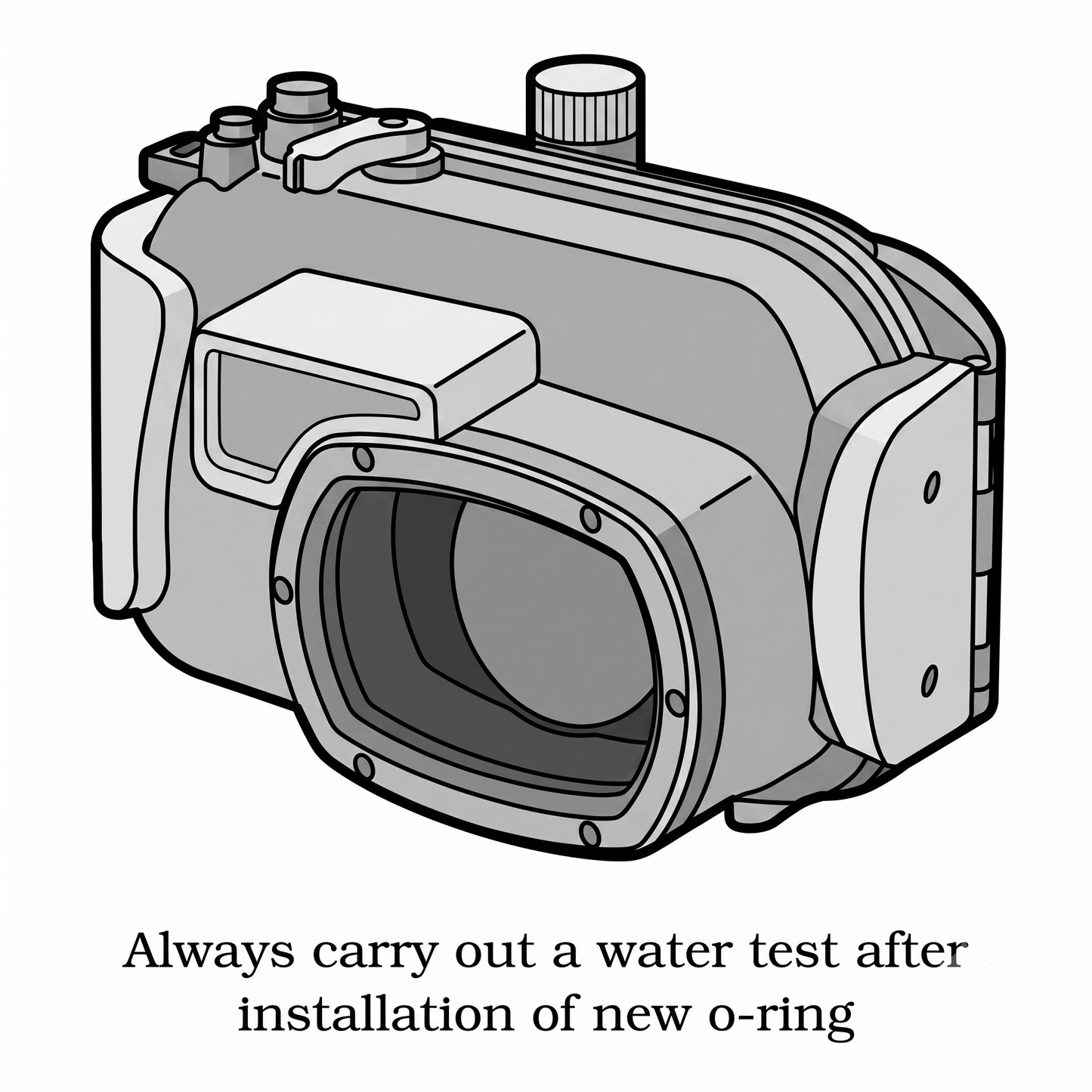 Black and white line drawing of a camera housing or underwater housing with text below reading 'Always carry out a water test after installation of new o-ring'.