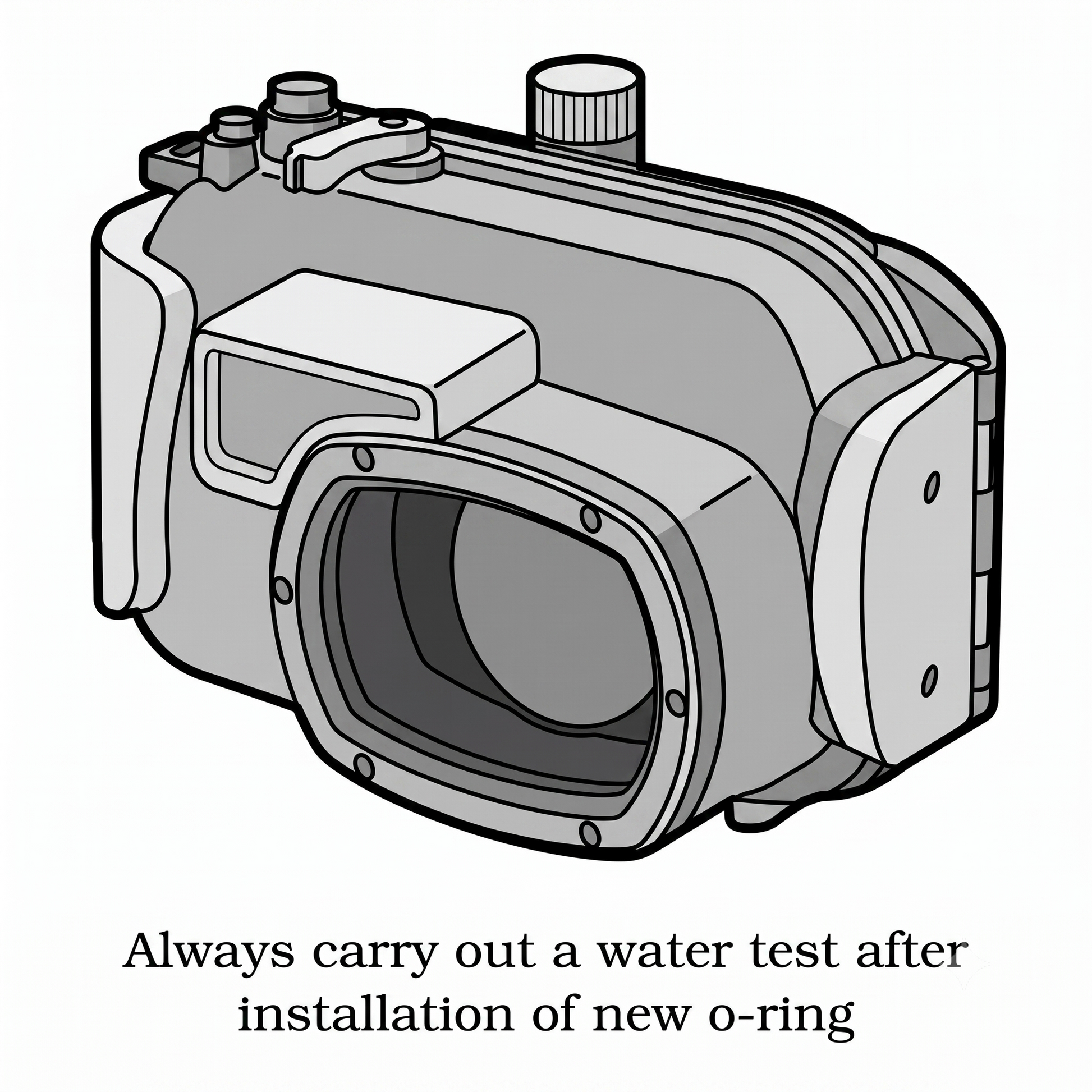 Black and white line drawing of a camera housing or underwater housing with text below reading 'Always carry out a water test after installation of new o-ring'.