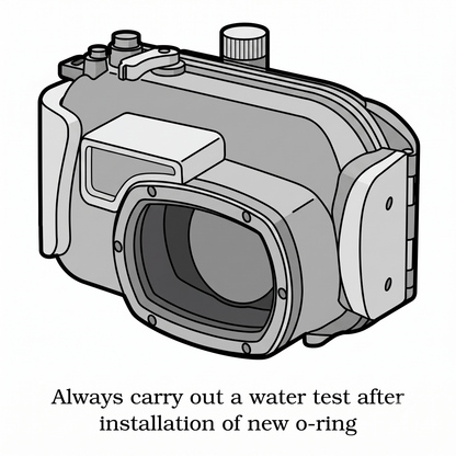 Black and white line drawing of a camera housing or underwater housing with text below reading 'Always carry out a water test after installation of new o-ring'.