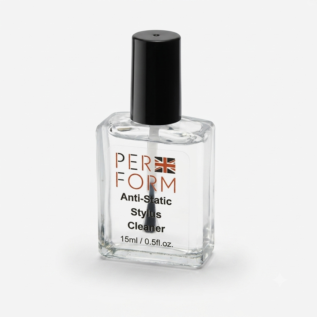 Clear bottle of PERFORM Anti-Static Stylus Cleaner with black cap on a white background